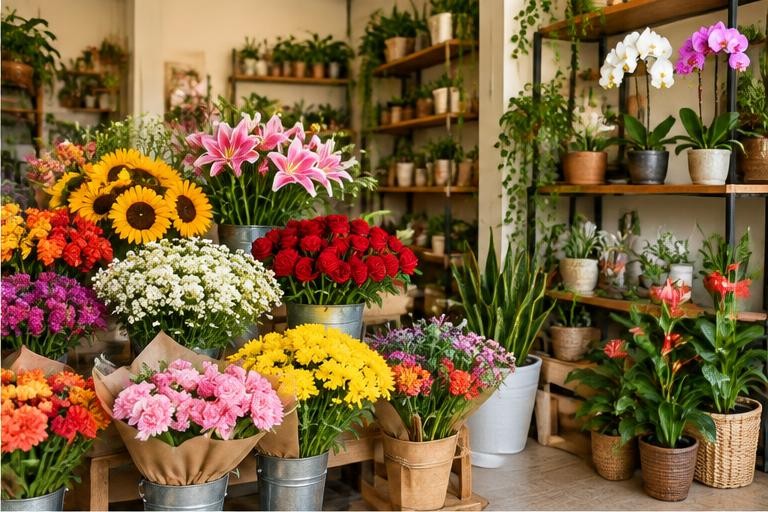 Flores e plantas em loja fixa, imagem ilustrativa